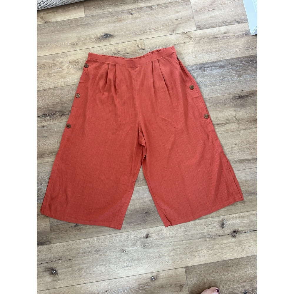 Indigo Thread Co Womens 3X Wide Leg Burnt Orange Button Linen Rayon Capri